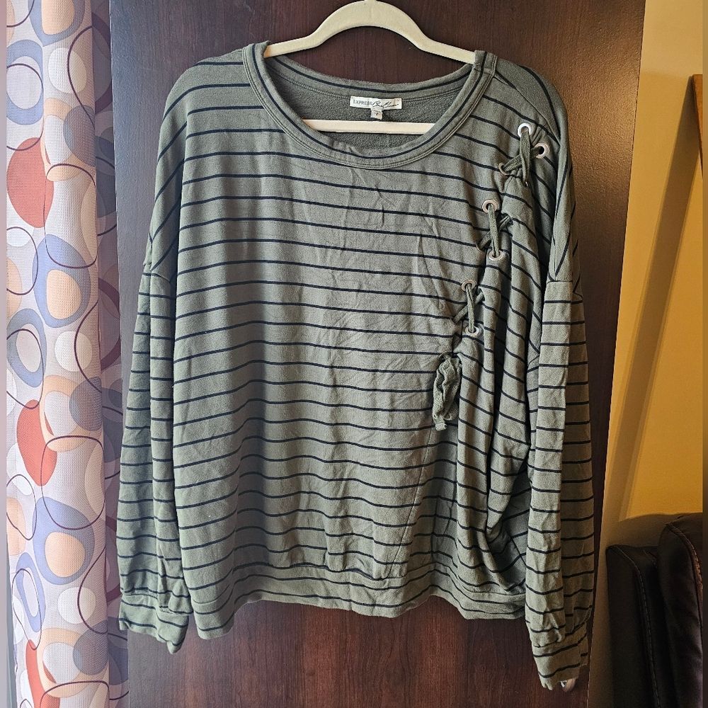 Express Olive Green Striped Top With Front Tie Accent